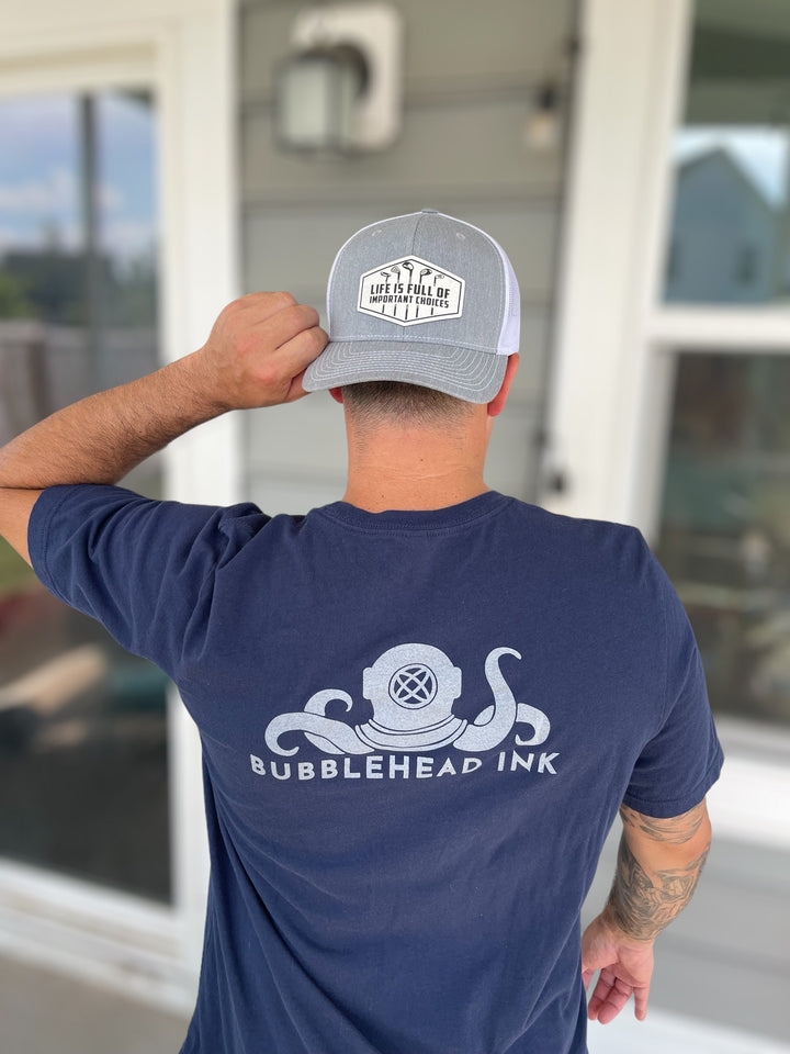 Life Is Full of Important Choices funny golf trucker hat by BubbleHead Ink