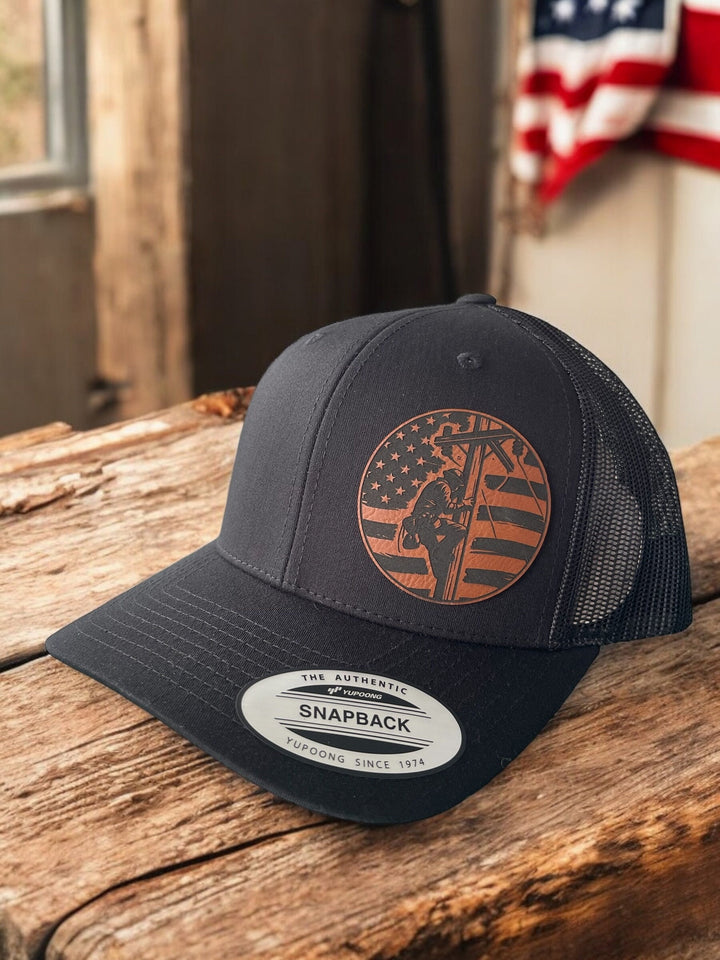 Lineman American flag leather patch hat for blue collar workers by BubbleHead Ink
