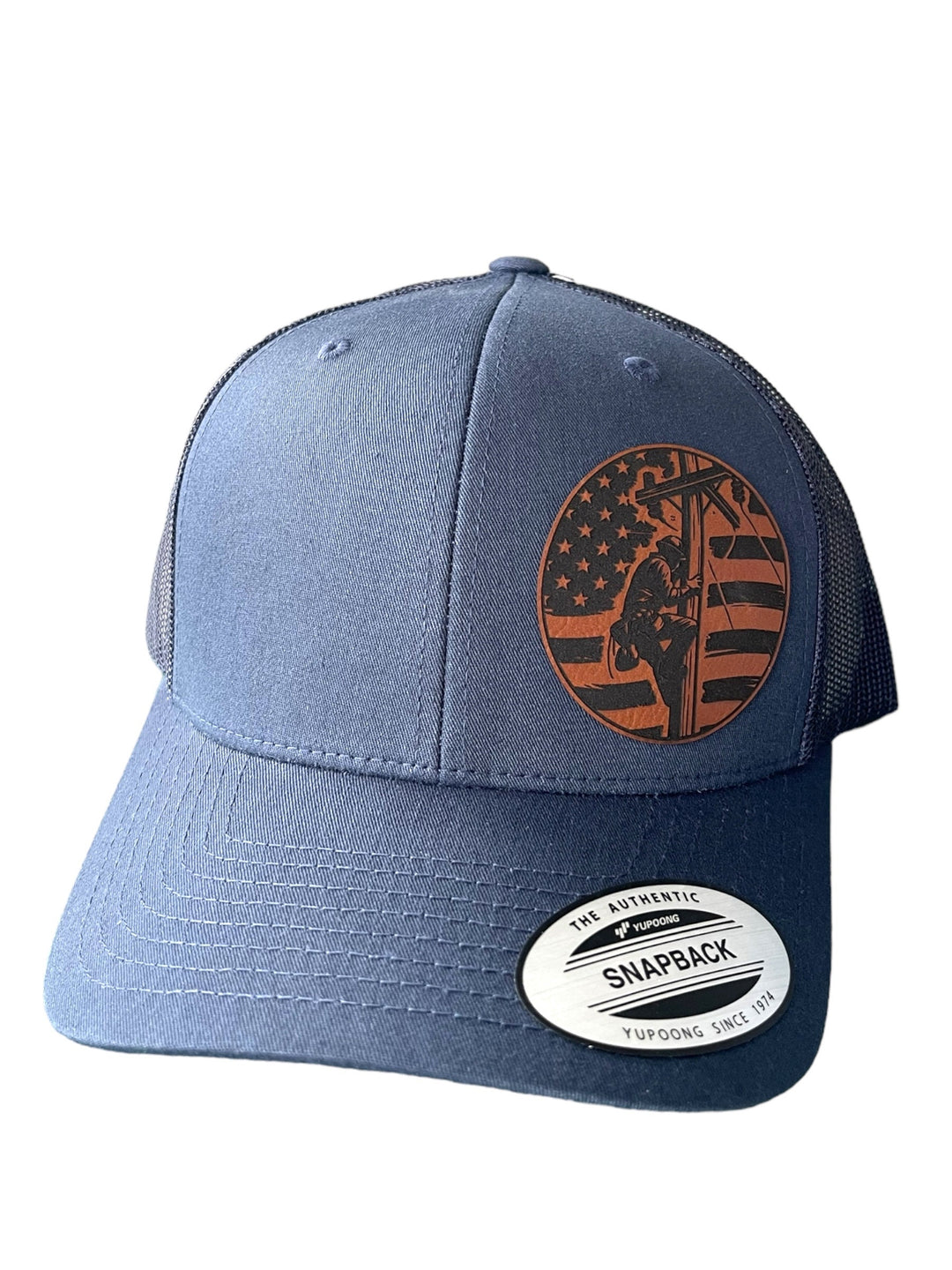 Lineman American flag leather patch hat for blue collar workers by BubbleHead Ink