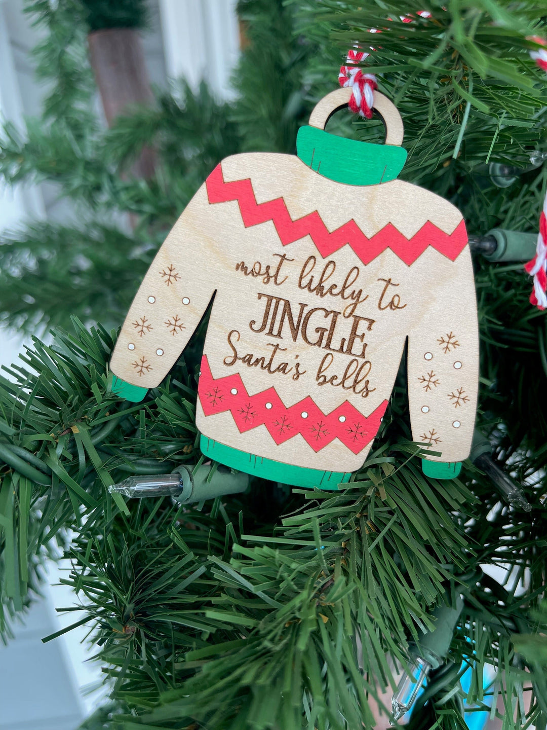Most Likely to Jingle Santa's Balls naughty ugly sweater ornament by BubbleHead Ink