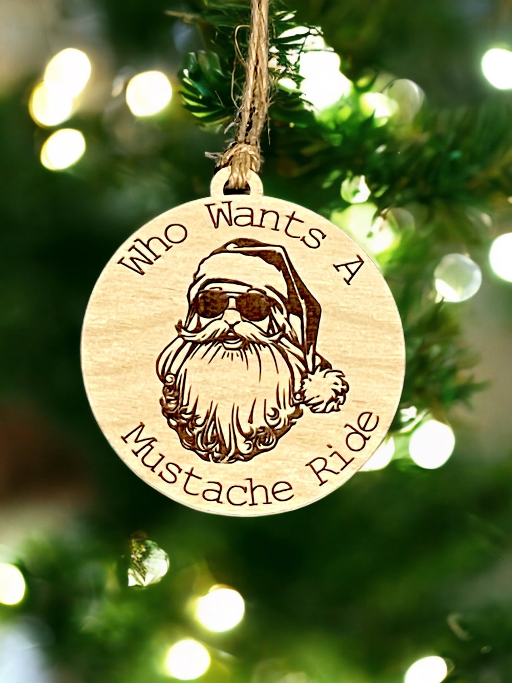 Who Wants A Moustache Ride funny dirty Santa ornament by BubbleHead Ink
