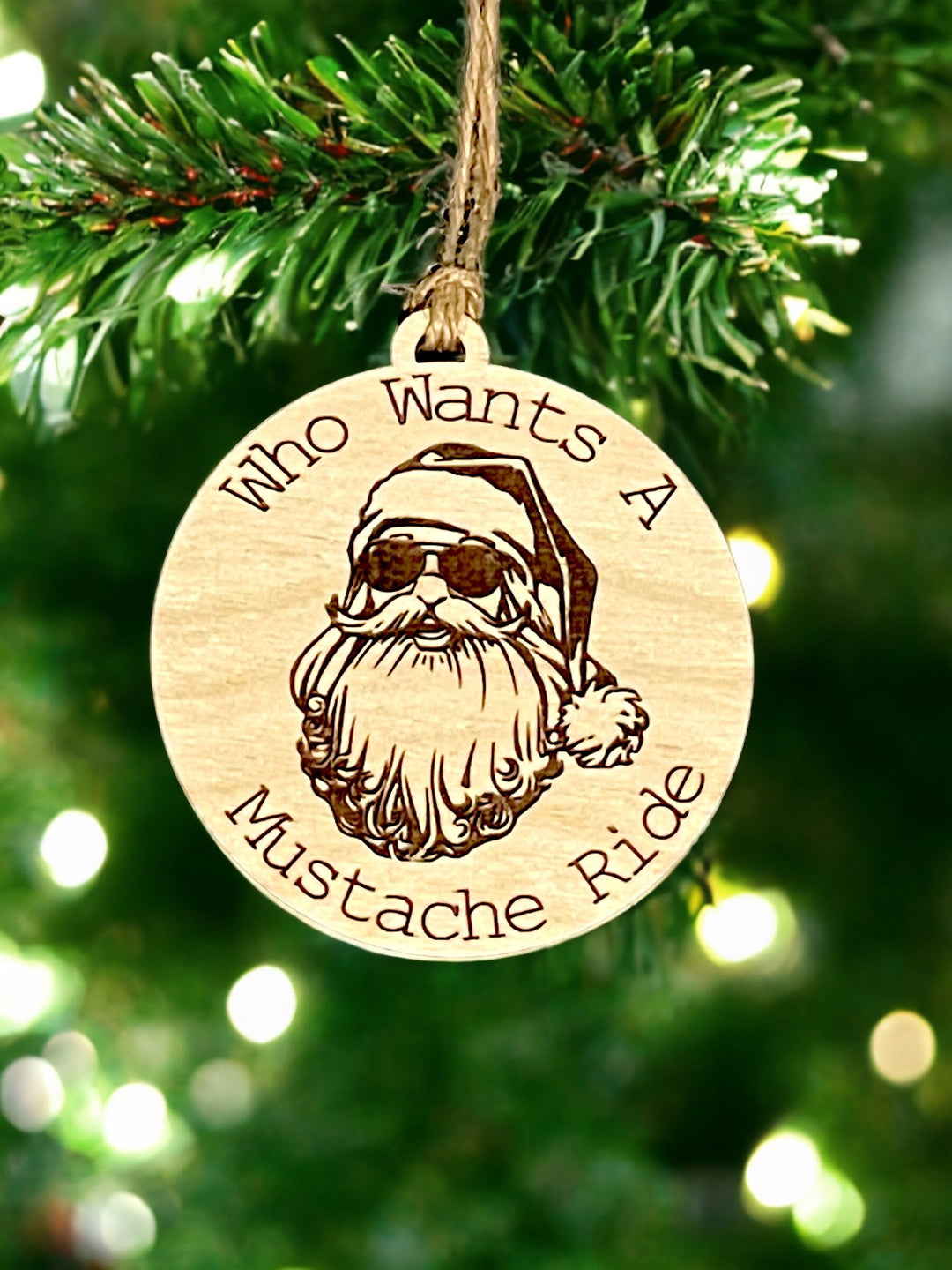 Who Wants A Moustache Ride funny dirty Santa ornament by BubbleHead Ink