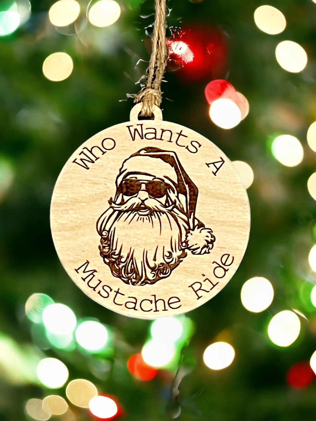 Who Wants A Moustache Ride funny dirty Santa ornament by BubbleHead Ink