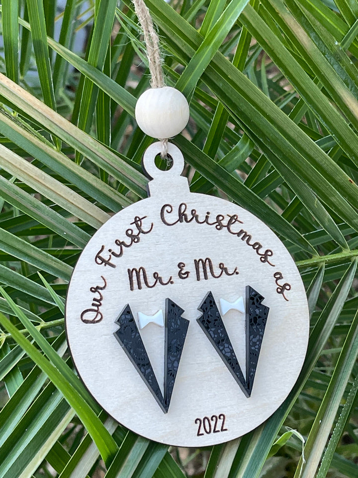 Mr and Mr first Christmas married gay wedding ornament by BubbleHead Ink