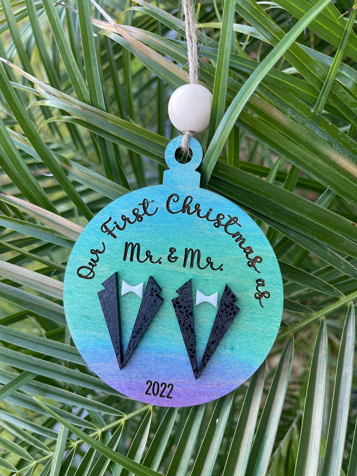 Mr and Mr first Christmas married gay wedding ornament by BubbleHead Ink