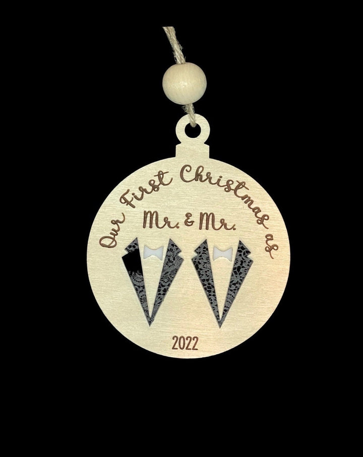Mr and Mr first Christmas married gay wedding ornament by BubbleHead Ink