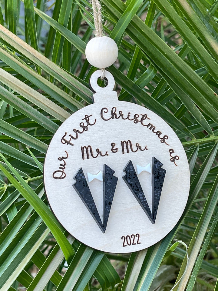 Mr and Mr first Christmas married gay wedding ornament by BubbleHead Ink