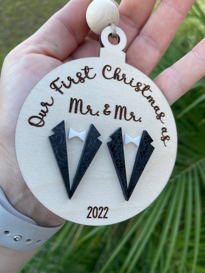 Mr and Mr first Christmas married gay wedding ornament by BubbleHead Ink