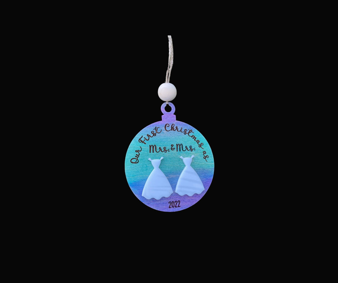 Mrs and Mrs first Christmas married LGBTQ wedding ornament by BubbleHead Ink