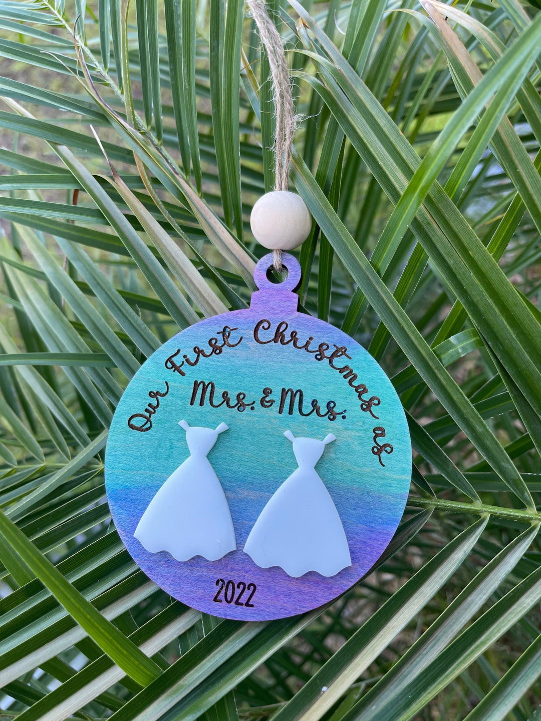 Mrs and Mrs first Christmas married LGBTQ wedding ornament by BubbleHead Ink