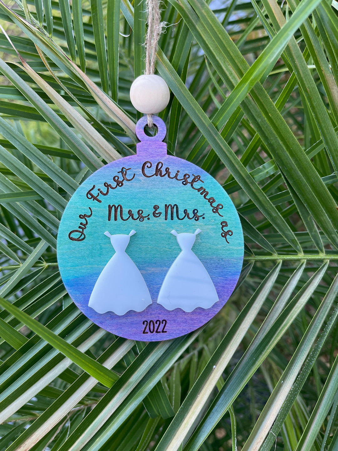 Mrs and Mrs first Christmas married LGBTQ wedding ornament by BubbleHead Ink