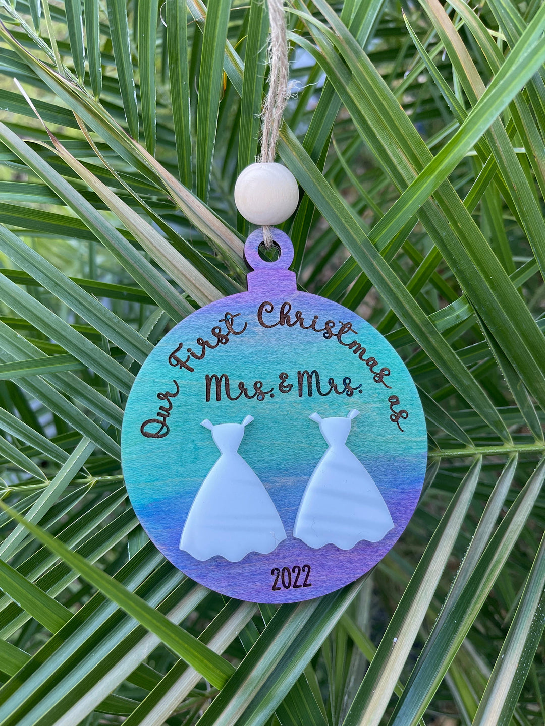 Mrs and Mrs first Christmas married LGBTQ wedding ornament by BubbleHead Ink
