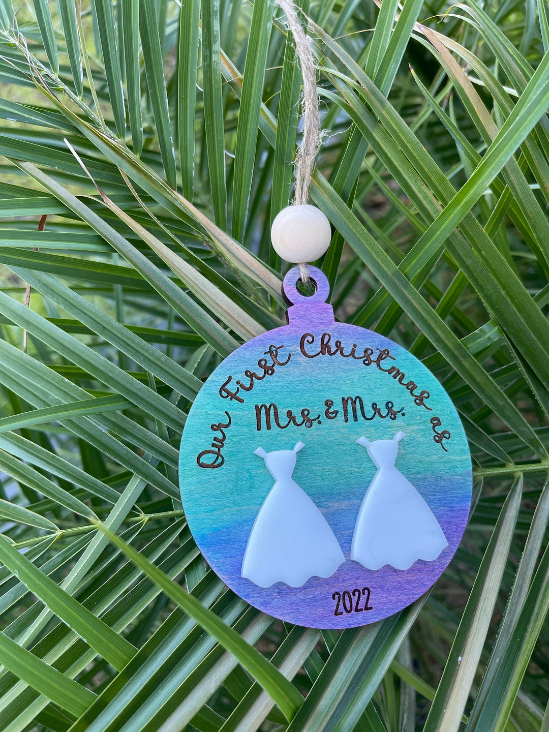 Mrs and Mrs first Christmas married LGBTQ wedding ornament by BubbleHead Ink
