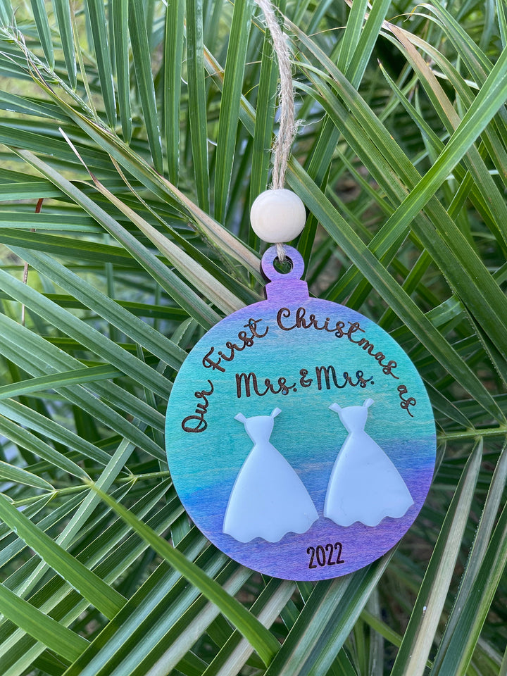 Mrs and Mrs first Christmas married LGBTQ wedding ornament by BubbleHead Ink