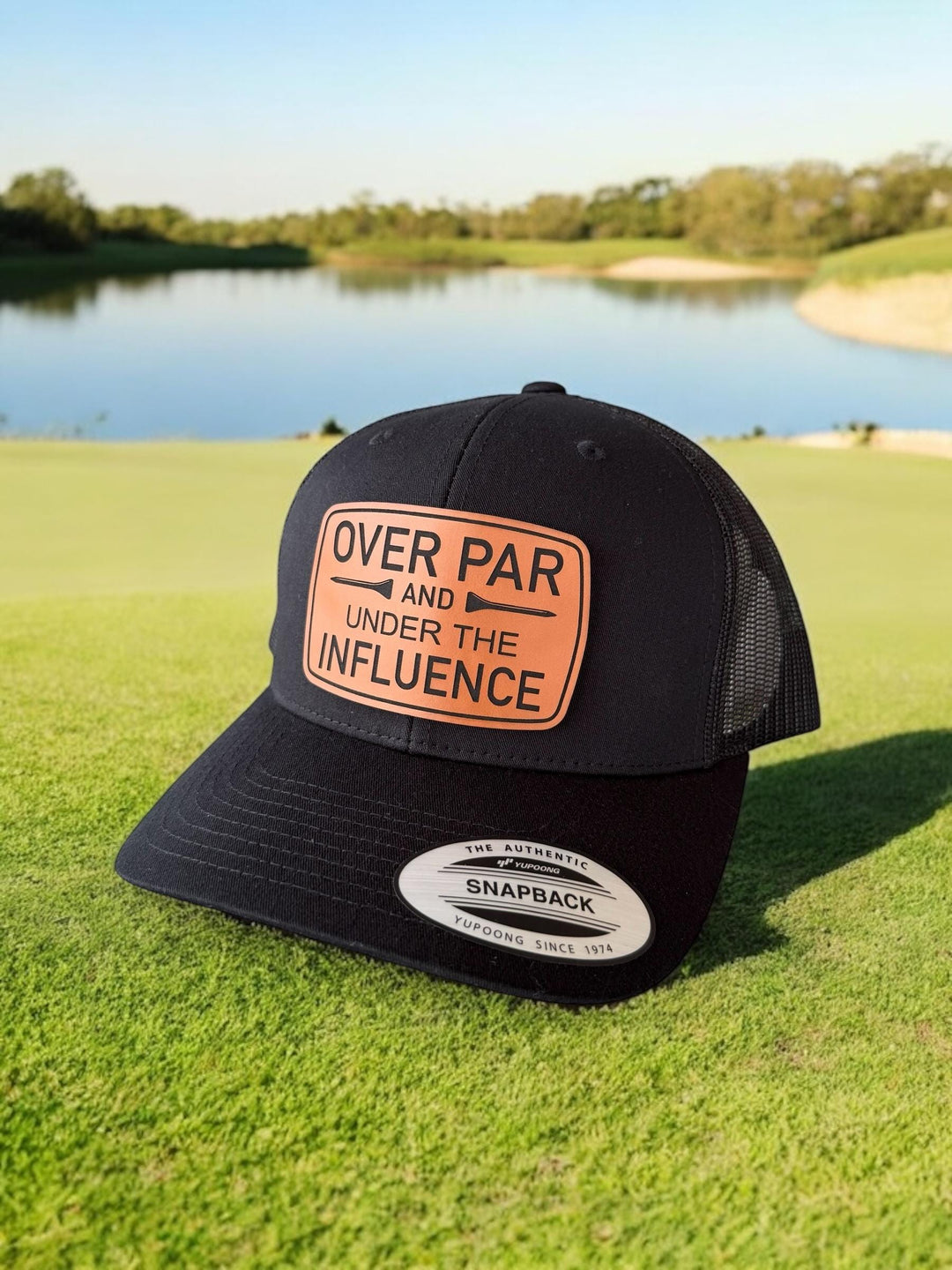 Over Par and Under the Influence funny golf trucker hat by BubbleHead Ink