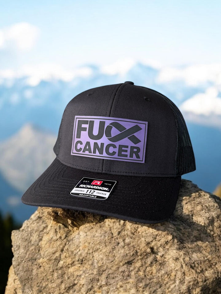 Pancreatic cancer awareness purple ribbon trucker hat by BubbleHead Ink