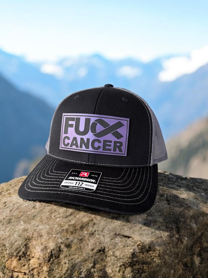 Pancreatic cancer awareness purple ribbon trucker hat by BubbleHead Ink