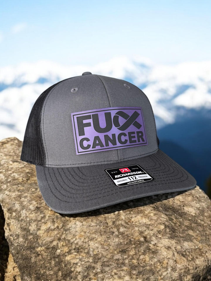 Pancreatic cancer awareness purple ribbon trucker hat by BubbleHead Ink