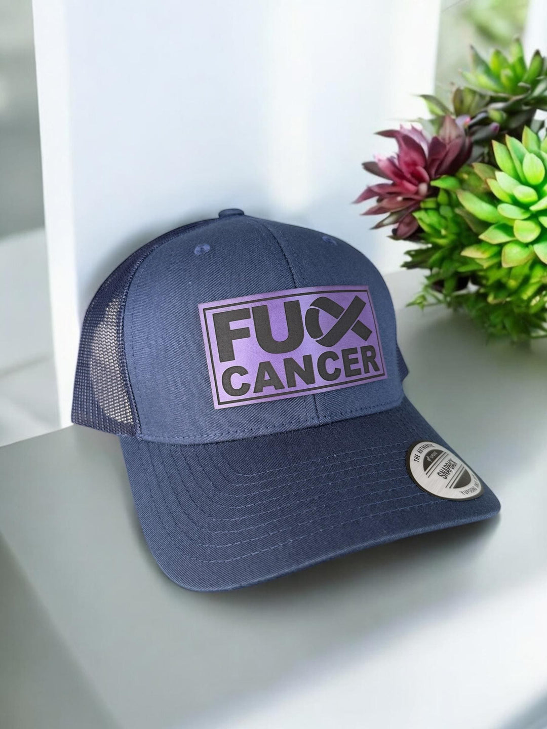 Pancreatic cancer awareness purple ribbon trucker hat by BubbleHead Ink