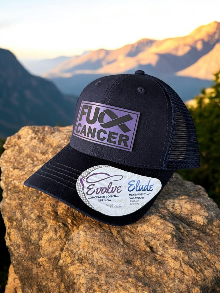 Pancreatic cancer awareness purple ribbon trucker hat by BubbleHead Ink