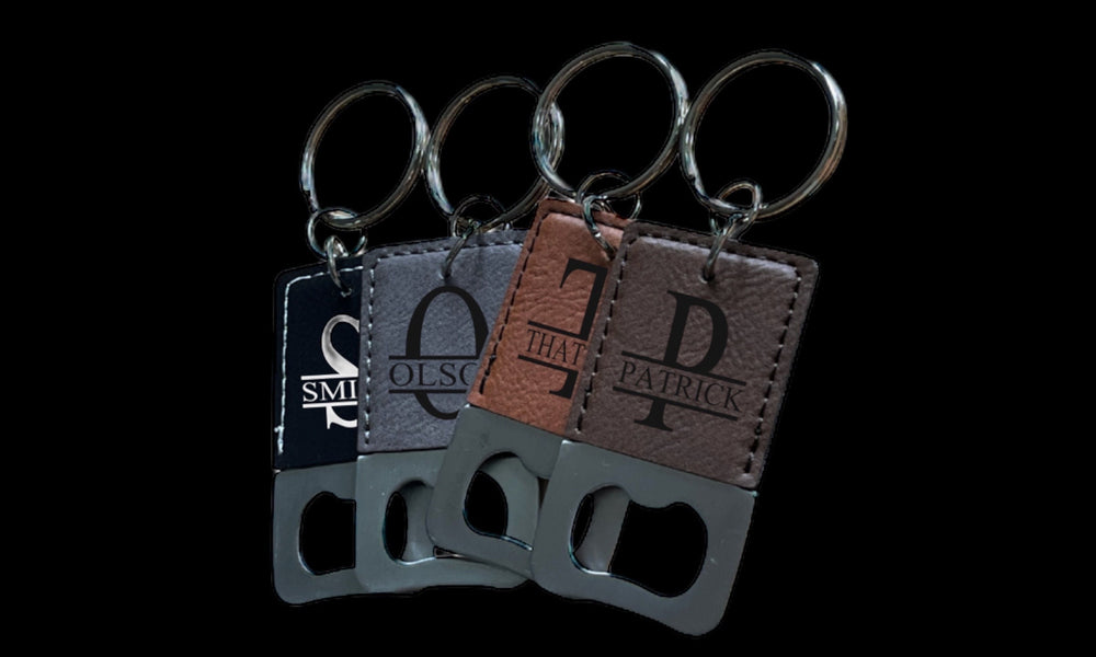 Personalized bottle opener leather keychain with custom monogram by BubbleHead Ink