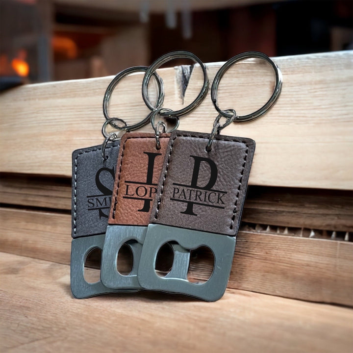 Personalized bottle opener leather keychain with custom monogram by BubbleHead Ink