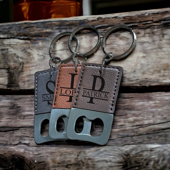Personalized bottle opener leather keychain with custom monogram by BubbleHead Ink