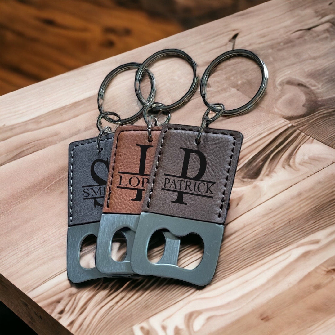 Personalized bottle opener leather keychain with custom monogram by BubbleHead Ink
