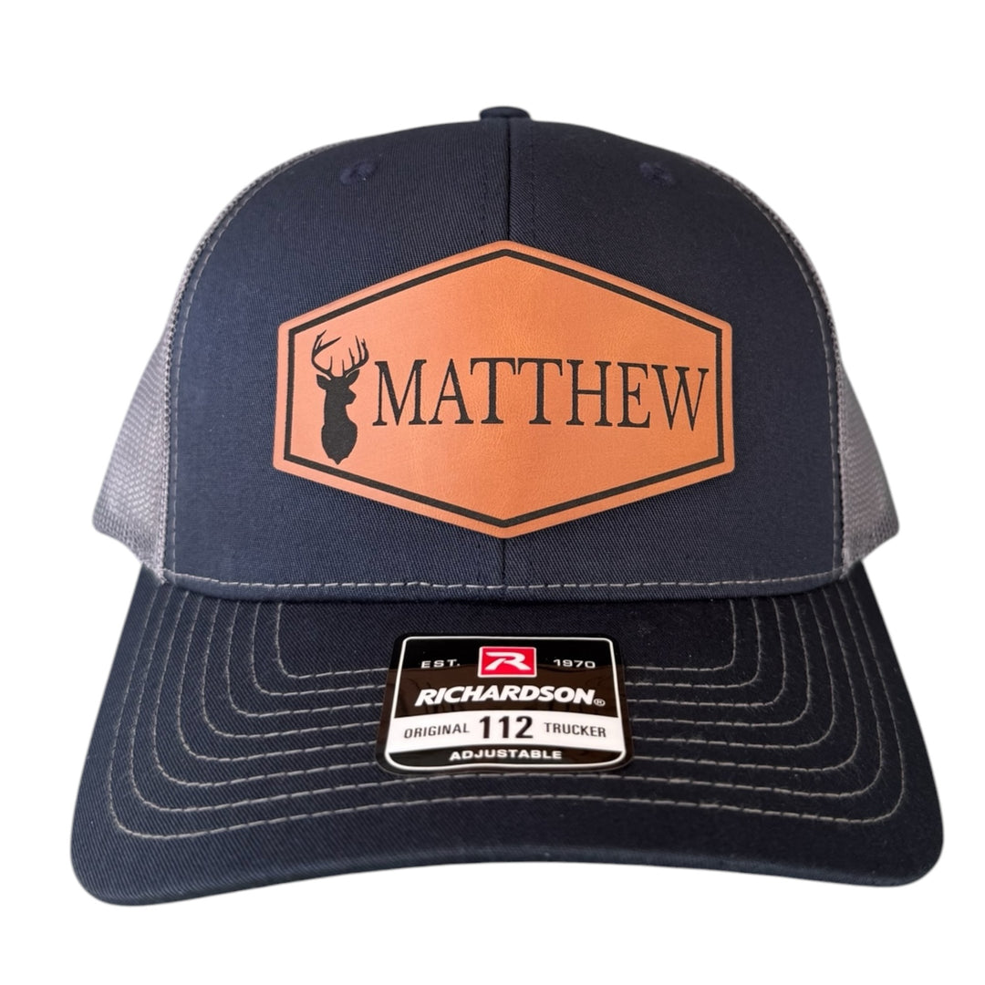 Personalized deer patch hunting trucker hat by BubbleHead Ink