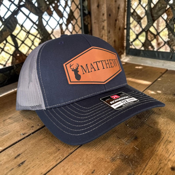 Personalized deer patch hunting trucker hat by BubbleHead Ink
