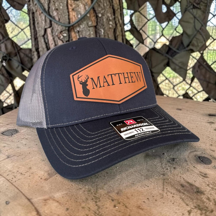 Personalized deer patch hunting trucker hat by BubbleHead Ink