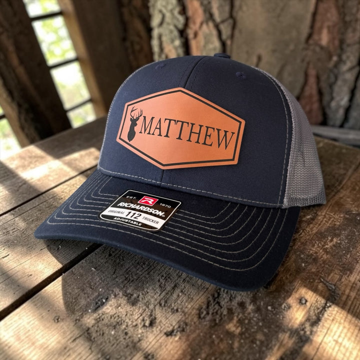 Personalized deer patch hunting trucker hat by BubbleHead Ink