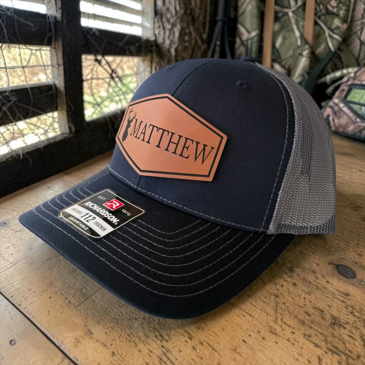 Personalized deer patch hunting trucker hat by BubbleHead Ink