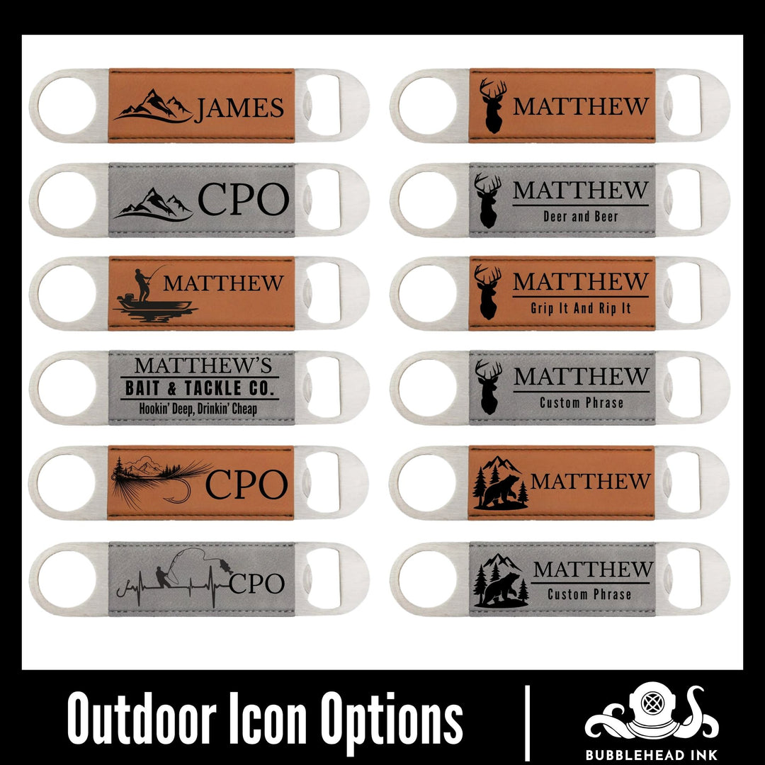 Personalized engraved bar blade bottle opener with outdoor design by BubbleHead Ink