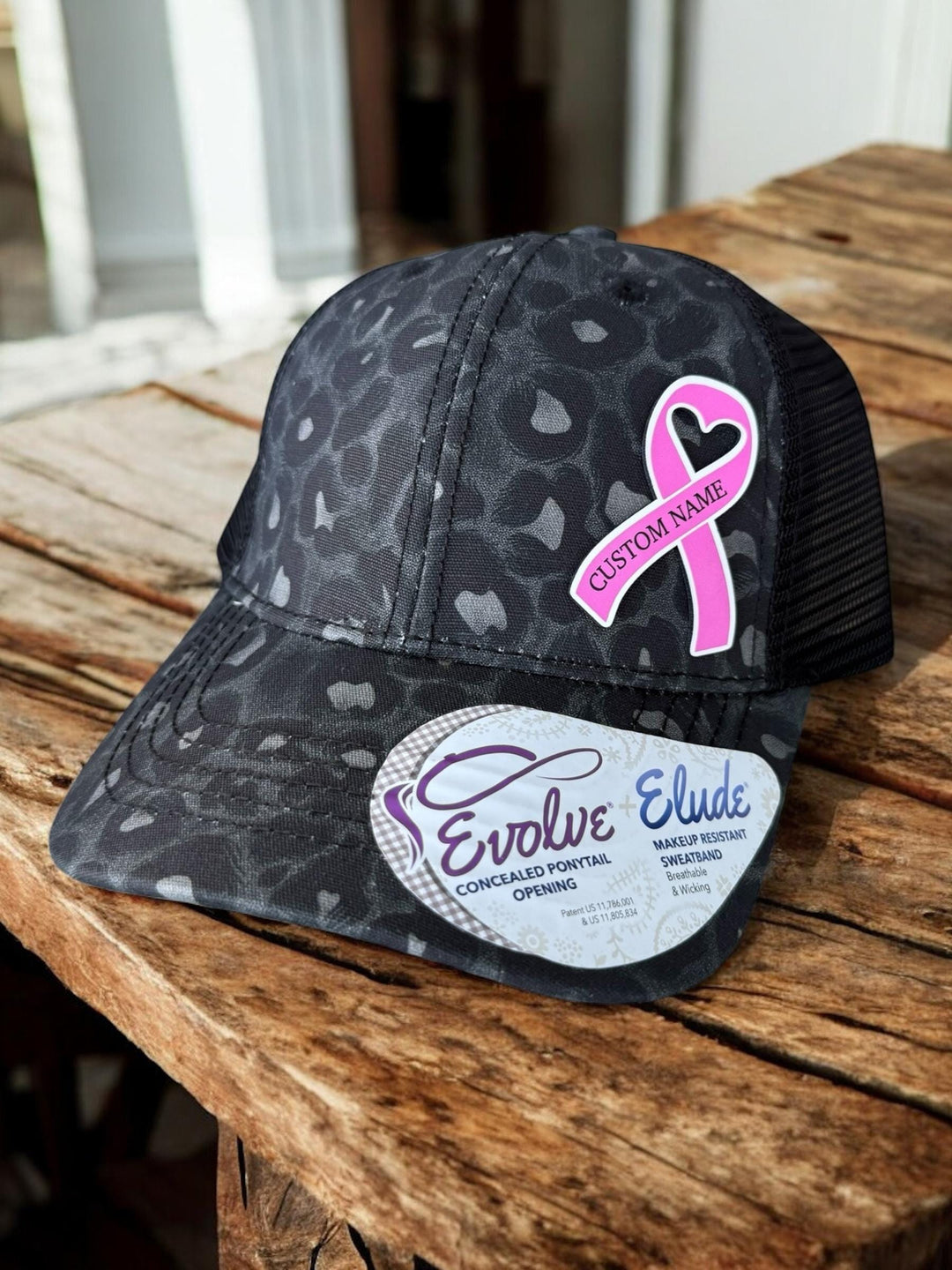 Personalized breast cancer pink ribbon support squad trucker hat by BubbleHead Ink
