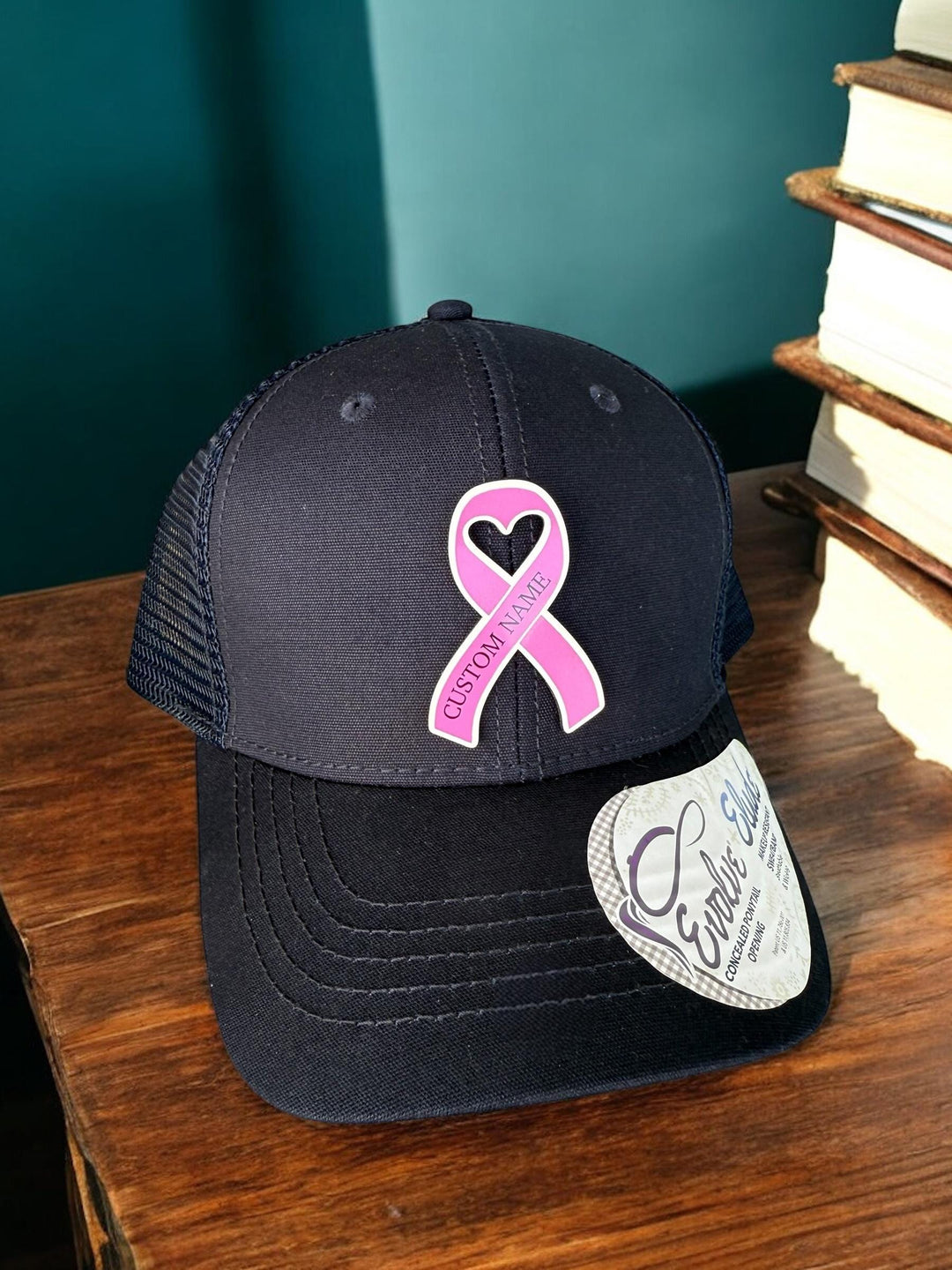 Personalized breast cancer pink ribbon support squad trucker hat by BubbleHead Ink