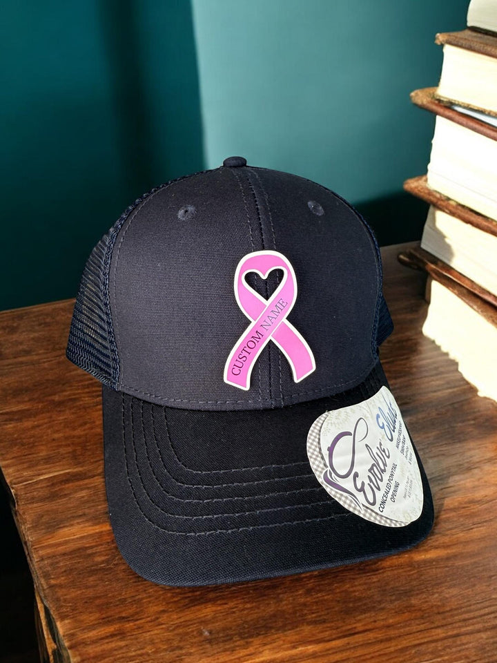 Personalized breast cancer pink ribbon support squad trucker hat by BubbleHead Ink