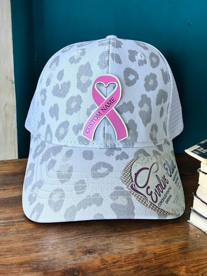 Personalized breast cancer pink ribbon support squad trucker hat by BubbleHead Ink