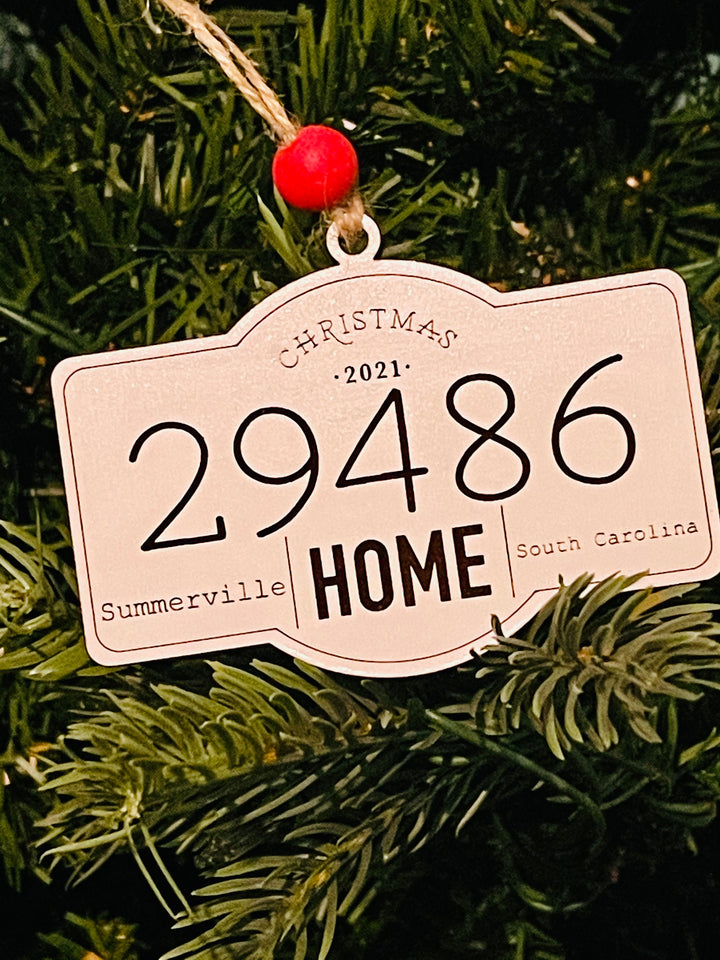 Personalized zip code new home Christmas ornament by BubbleHead Ink
