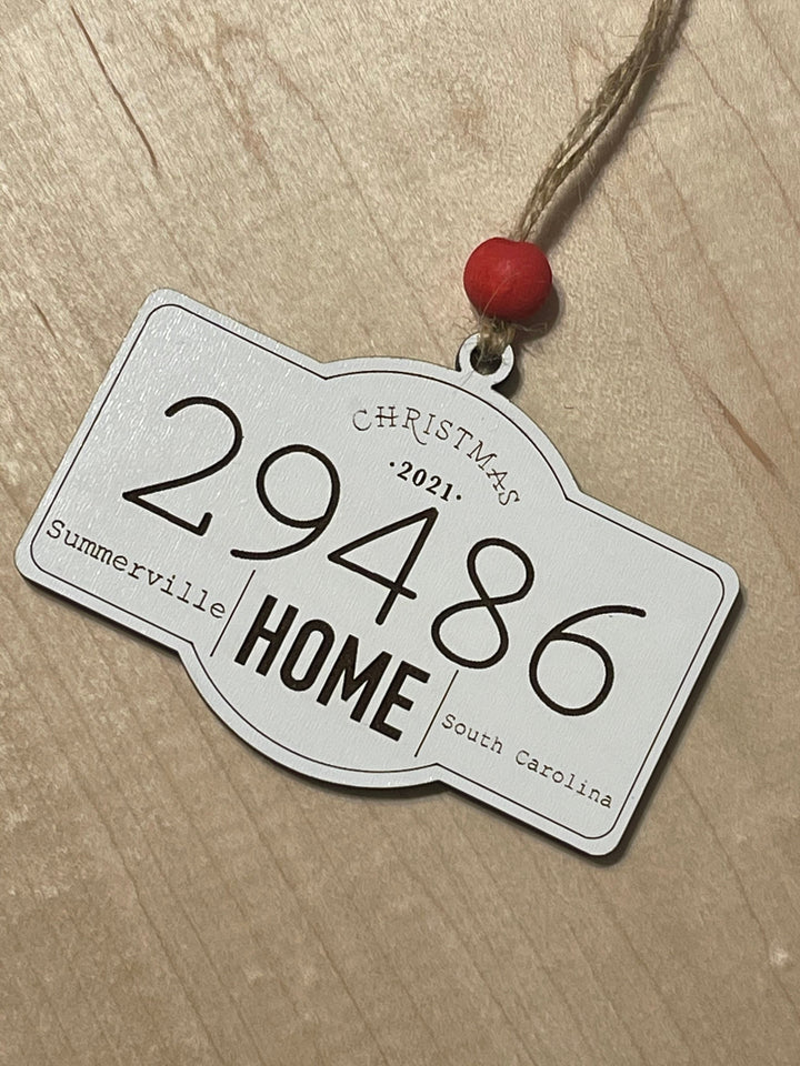 Personalized zip code new home Christmas ornament by BubbleHead Ink