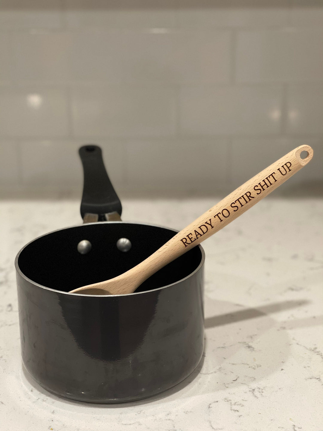 Ready to Stir Shit Up funny engraved kitchen spoon by BubbleHead Ink