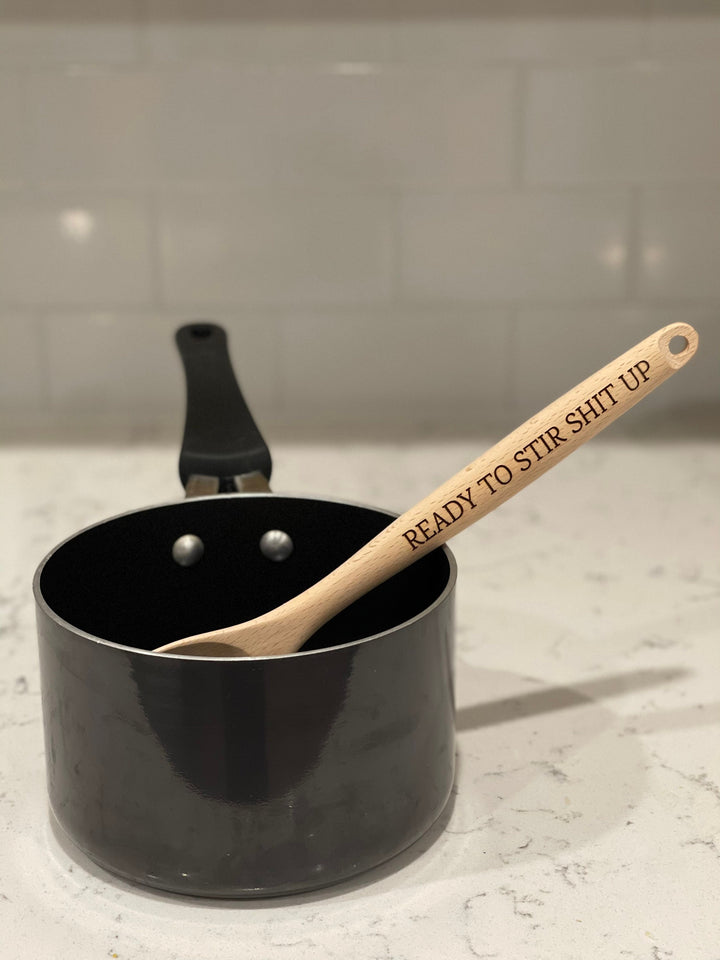 Ready to Stir Shit Up funny engraved kitchen spoon by BubbleHead Ink