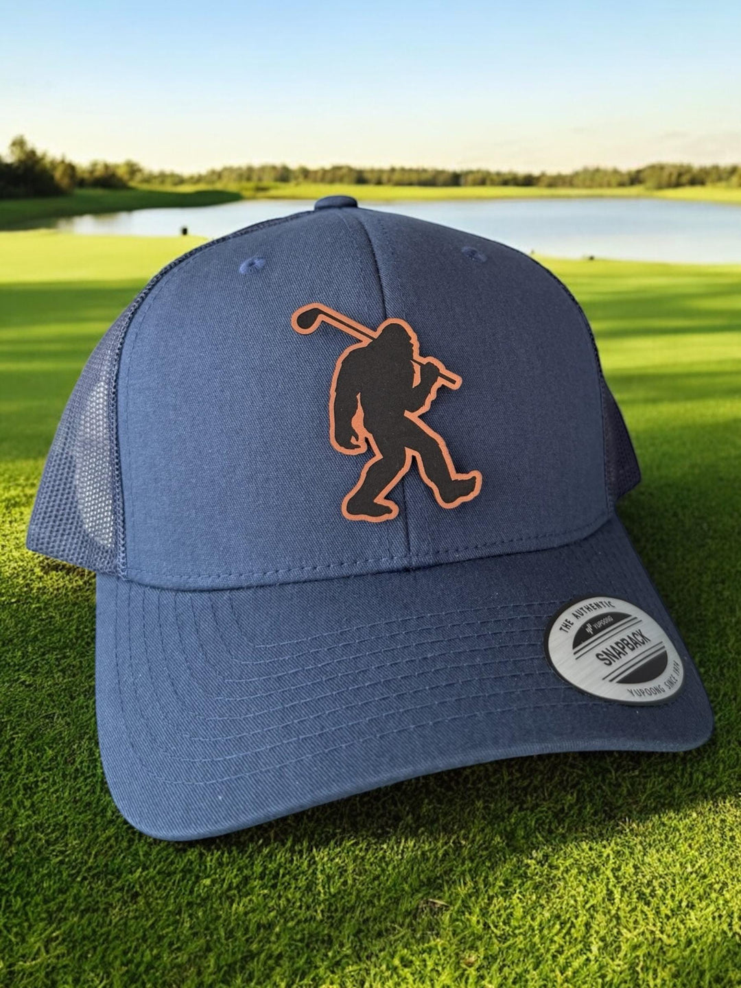 Sasquatch Bigfoot funny golf trucker hat by BubbleHead Ink