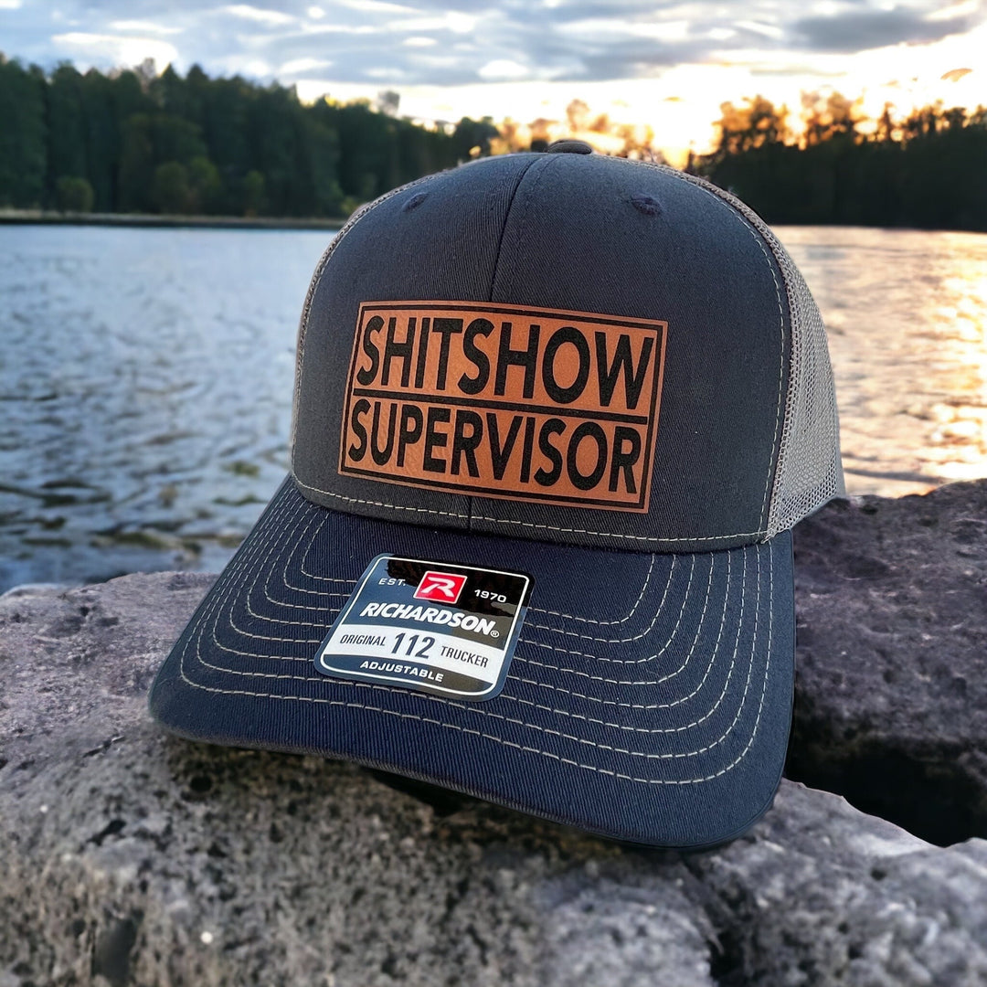 Shitshow Supervisor funny leather patch trucker hat by BubbleHead Ink