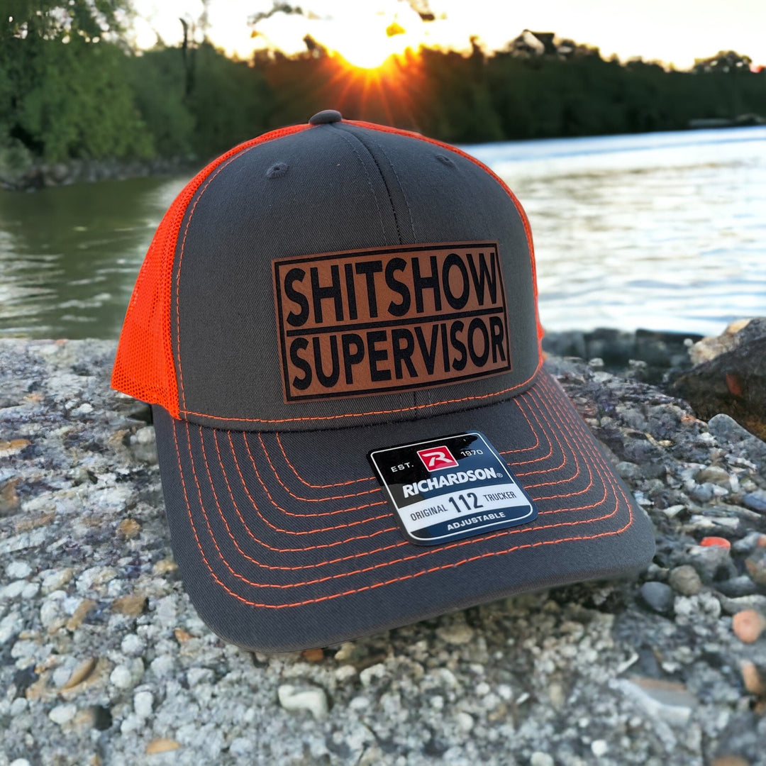 Shitshow Supervisor funny leather patch trucker hat by BubbleHead Ink