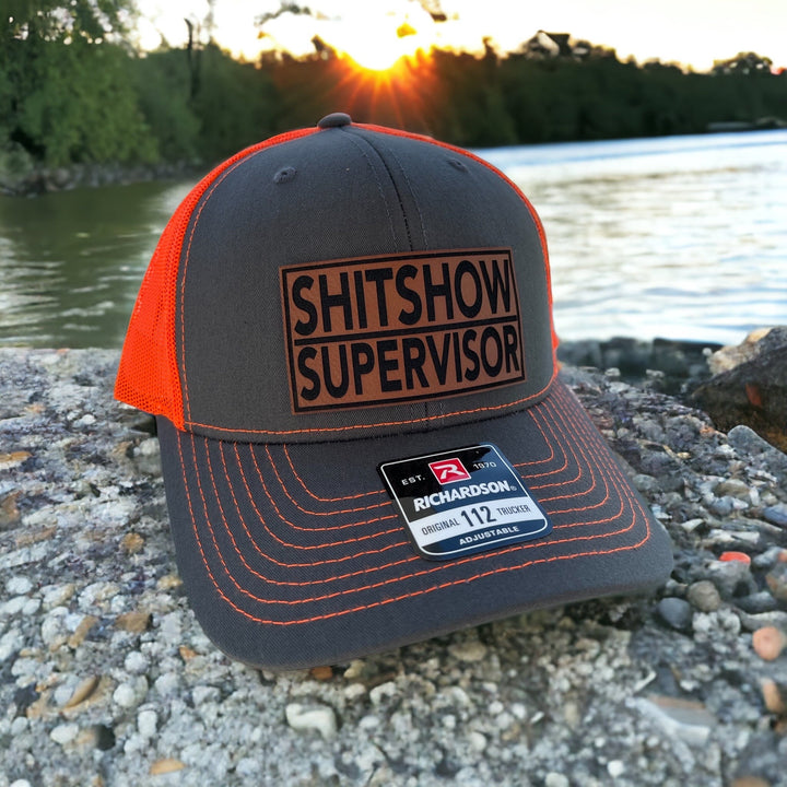 Shitshow Supervisor funny leather patch trucker hat by BubbleHead Ink