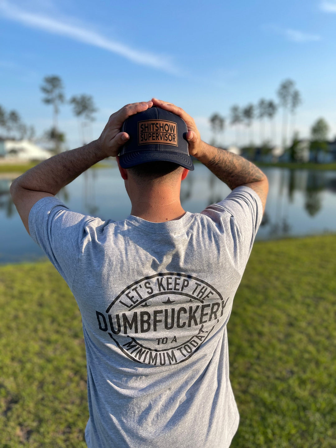 Shitshow Supervisor funny leather patch trucker hat by BubbleHead Ink