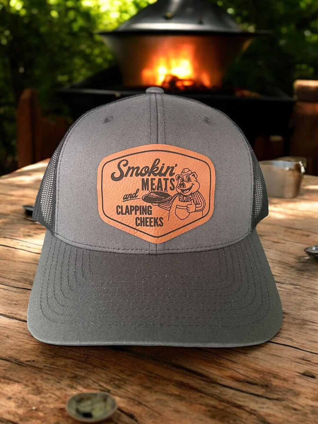 Smokin Meats and Clapping Cheeks funny BBQ trucker hat by BubbleHead Ink