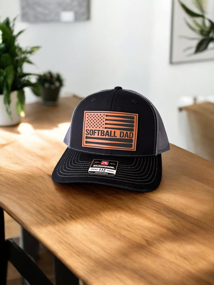 Softball dad American flag trucker hat by BubbleHead Ink
