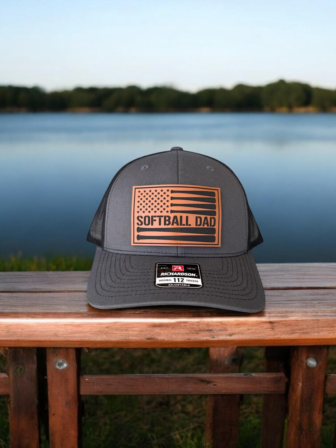 Softball dad American flag trucker hat by BubbleHead Ink